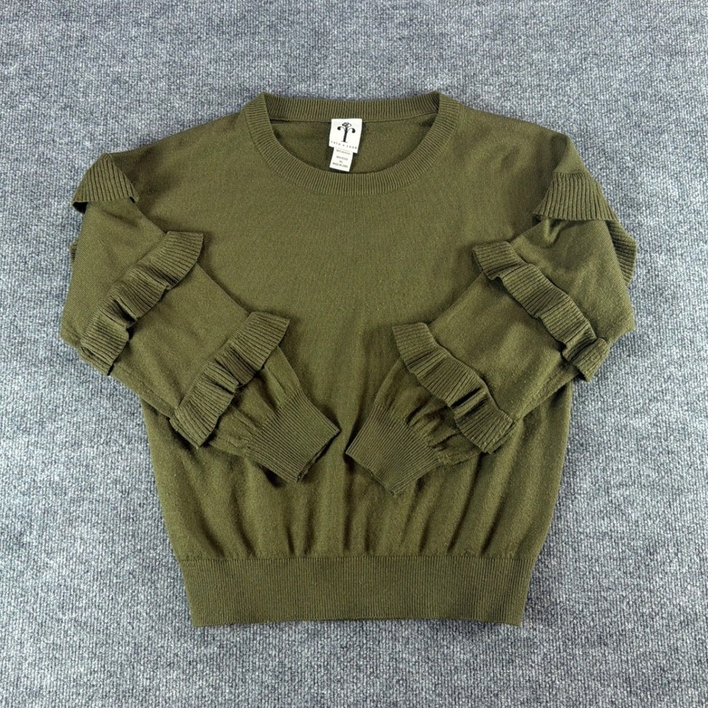 Rain + Rose Olive Green Ruffle Sleeve Knit Sweater Crew‎ Neck Womens XL